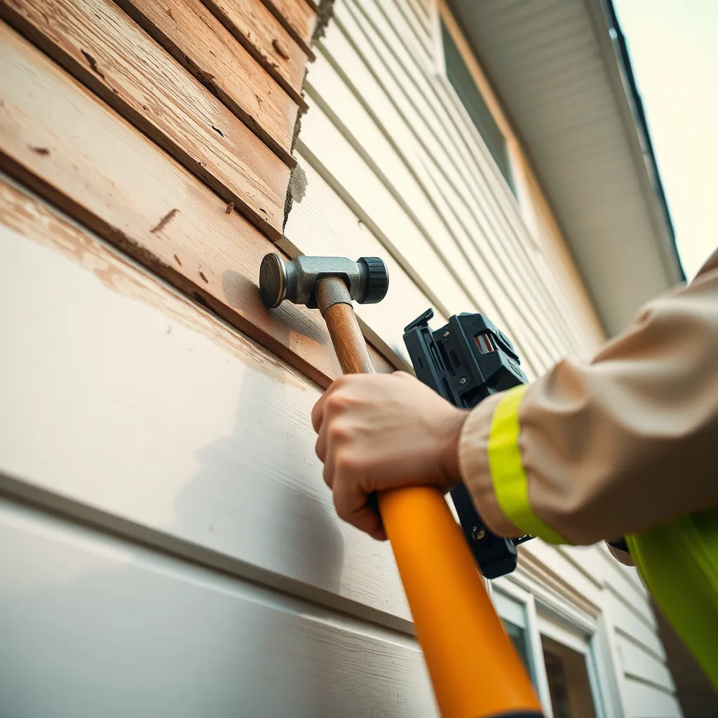A medium-range, eye-level shot of a professional contractor replacing a section of vinyl siding on a house. The old siding is damaged and faded, while the new siding is pristine white. The contractor is using a hammer and a nail gun to secure the new siding. The lighting is soft and diffused, creating a warm and inviting atmosphere. The image should have a realistic, detailed texture and material representation, with a sharp focus on the contractor's hands, the tools, and the siding. Rendered in 8K resolution with hyperrealistic detail.
