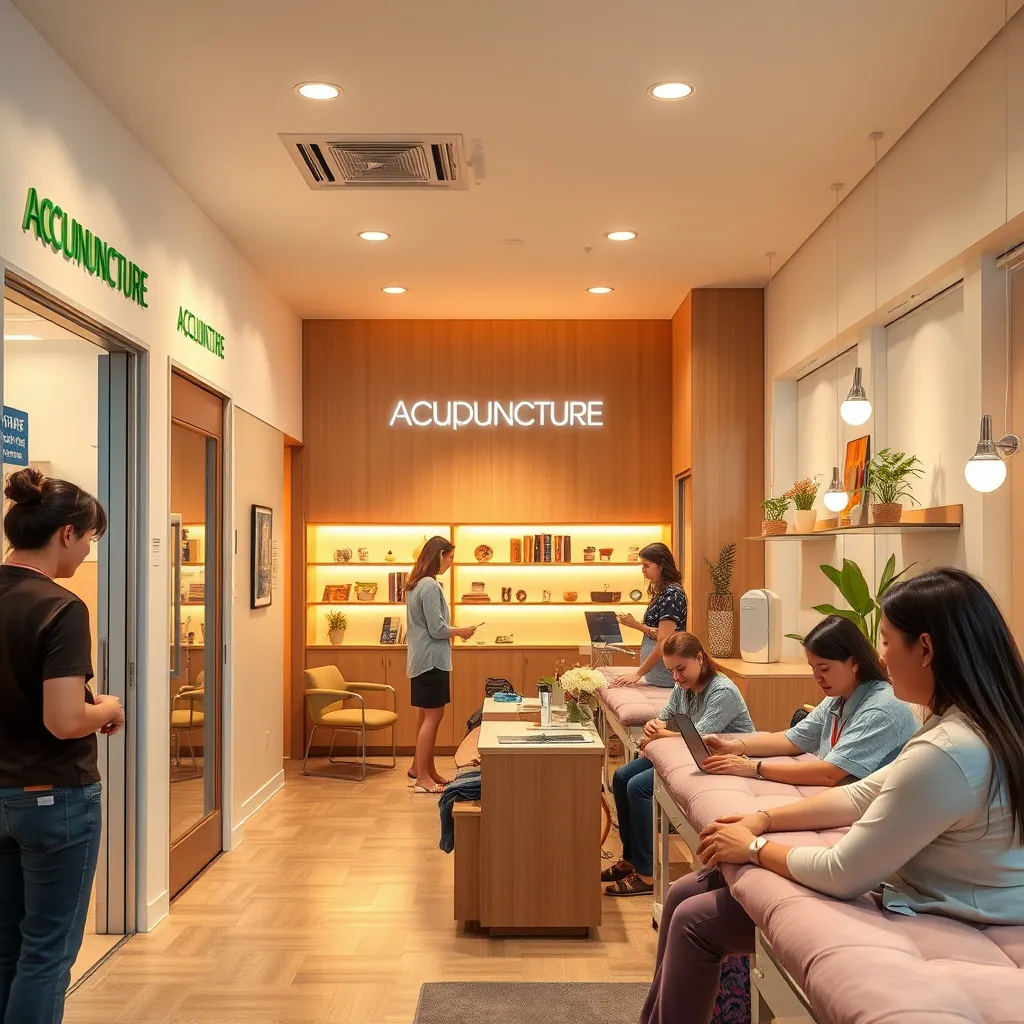 A modern acupuncture clinic with bright, welcoming interiors.  Patients are shown entering the clinic, interacting with friendly staff, and receiving treatments.  The clinic is located in a vibrant neighborhood setting, highlighting its accessibility to the local community.