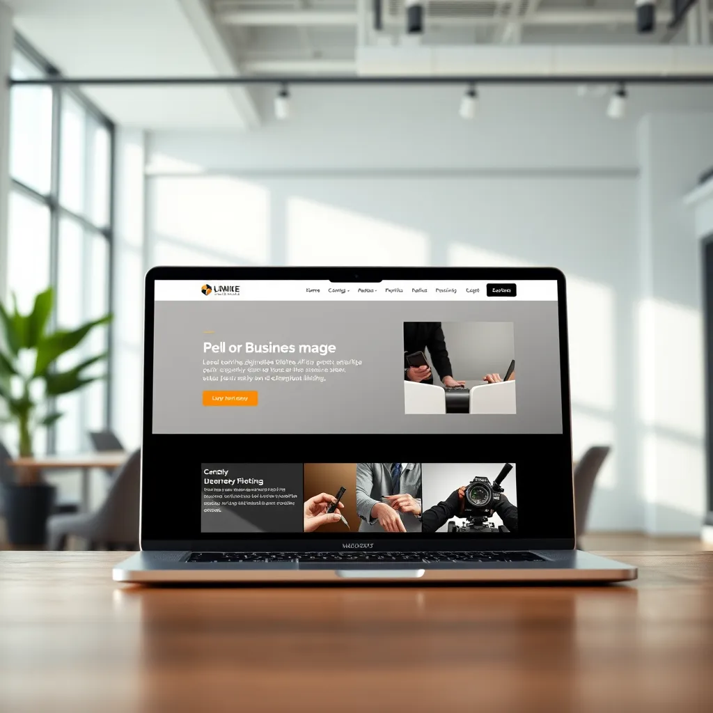 A modern and sleek website design with a clean interface, showcasing a business logo, high-quality images, and a clear call to action button. The website should be displayed on a laptop screen in a modern office setting with natural light.
