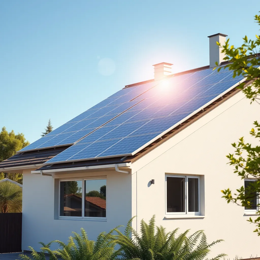 A modern home with solar panels installed on a sloped roof. The panels are clean and efficient, blending seamlessly with the architecture. The image should capture the sun shining brightly, emphasizing the energy-generating aspect.