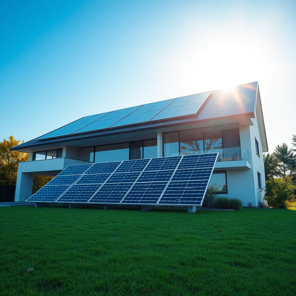 A modern house with a sleek, newly installed solar panel system seamlessly integrated into a stylish roof. The house has a modern, minimalist design with large windows and a lush green lawn. The sky is clear and blue, with sunlight reflecting off the solar panels.  The image should evoke a sense of harmony between the house and the solar system.
