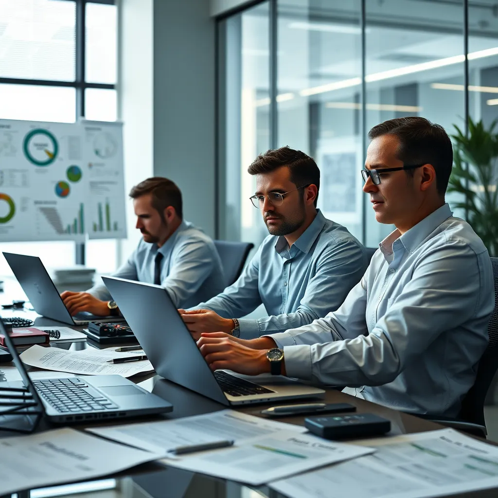 A modern office setting with accountants working on laptops, surrounded by industry-specific documents like agricultural reports, tech schematics, or non-profit grant proposals. The scene should convey focus and expertise.