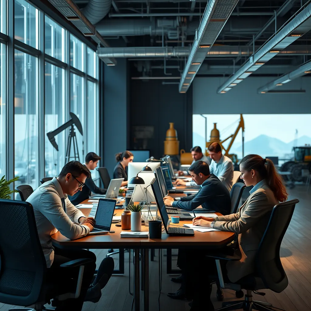 A modern office setting with a diverse group of professionals working on different tasks, including financial analysis, tax planning, and auditing, with various industry-related objects visible in the background, such as oil rigs, farming equipment, and technology devices.