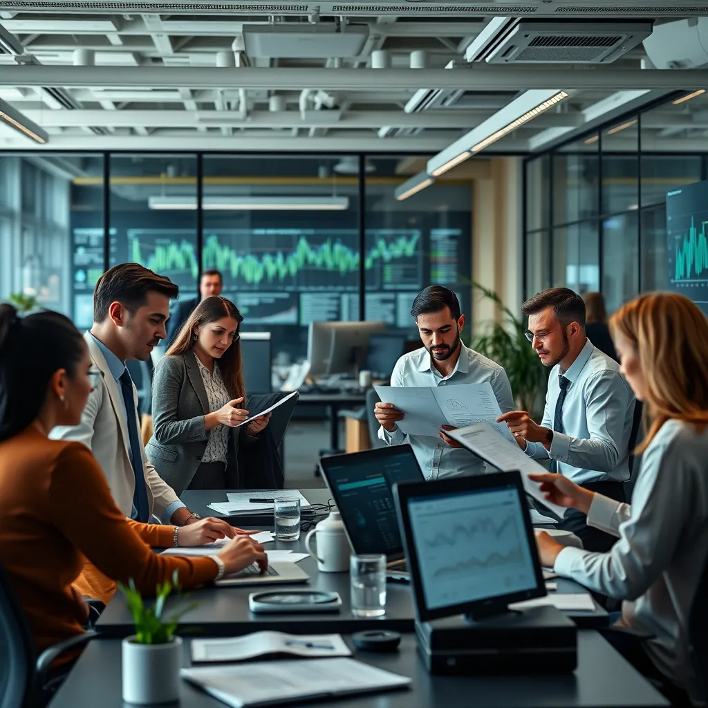 A modern office setting with diverse professionals working on financial reports and presentations, showcasing a mix of technology and human interaction. The scene should exude a sense of focus, expertise, and collaboration.