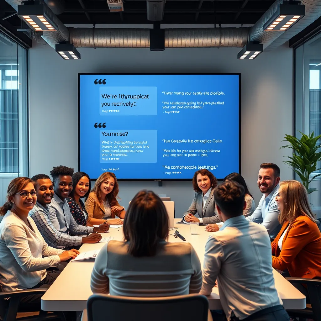 A modern office with a team of diverse professionals collaborating around a table. A large screen displays positive testimonials with glowing reviews. The atmosphere is professional and positive, reflecting trust and collaboration.