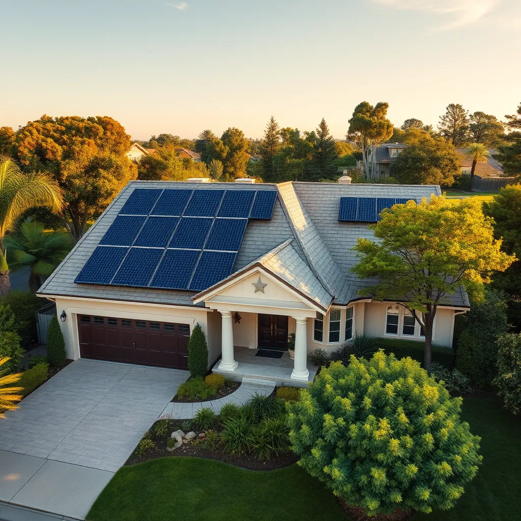A panoramic view of a well-maintained home with a pristine roof and neatly arranged solar panels. Lush landscaping surrounds the home, creating a welcoming and visually appealing exterior. The image should highlight the positive impact on curb appeal and property value.