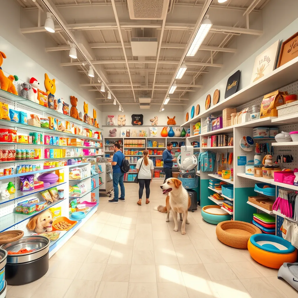 A panoramic view of a well-organized pet store, with various product categories clearly displayed. Focus on a variety of pet toys, treats, bowls, beds, and grooming tools. The store should be bright and welcoming, with friendly staff interacting with customers and their pets.  The image should convey a sense of excitement and fun for both pets and owners.