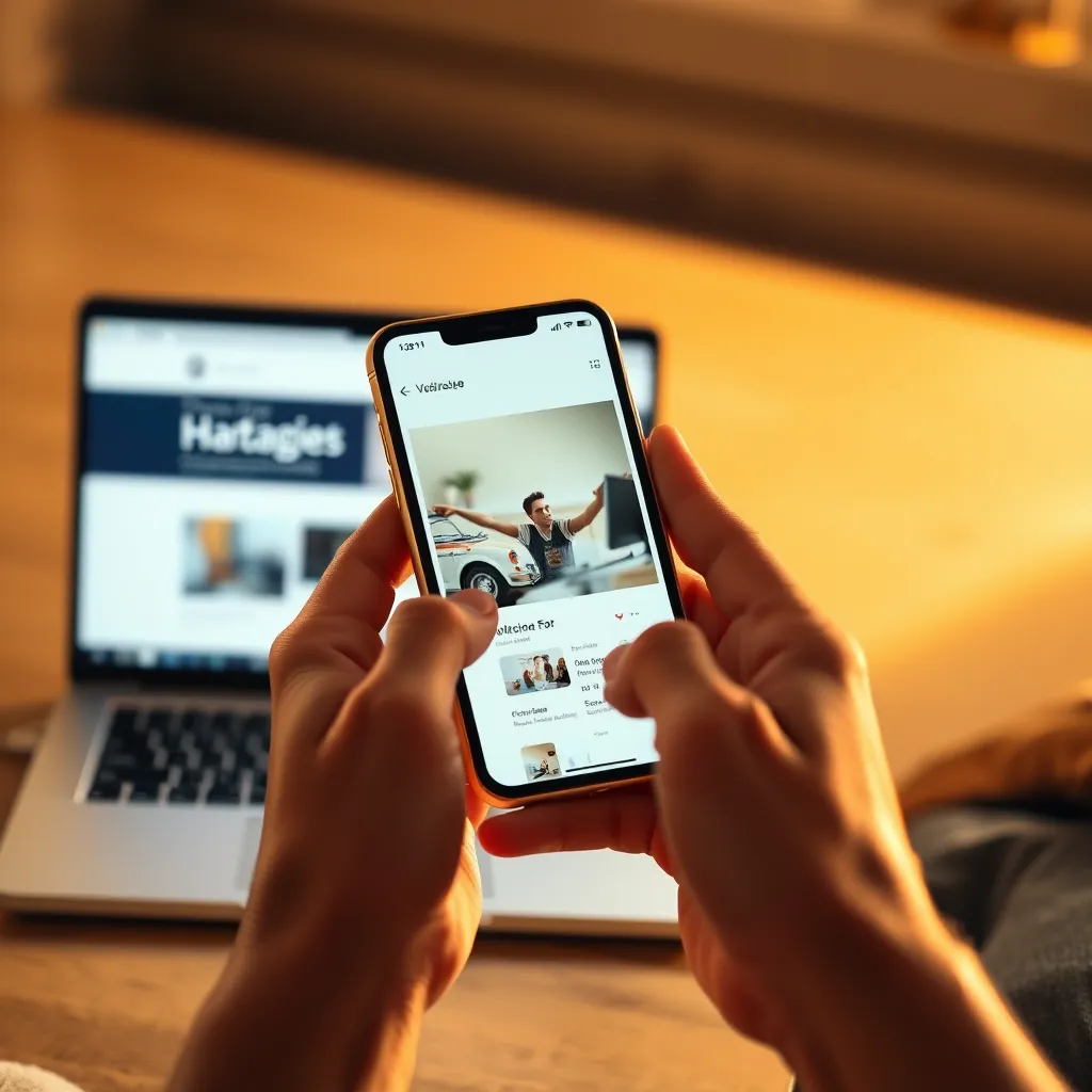 A person holding a smartphone with a website on the screen, looking at it with a surprised and happy expression. In the background, a laptop with a website on the screen is open, with a price tag with a low price on it. The scene is bathed in warm, inviting light.