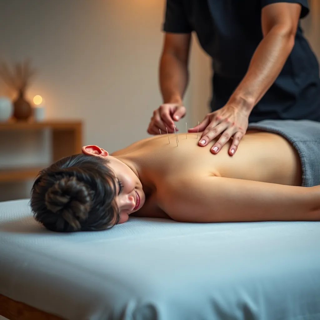 A person receiving acupuncture treatment for back pain. The person is lying face down on a massage table, with a practitioner inserting fine needles into specific acupoints along their back. The room is calm and serene, with soft lighting and calming colors. The focus is on the person's face, showing a look of relaxation and relief.