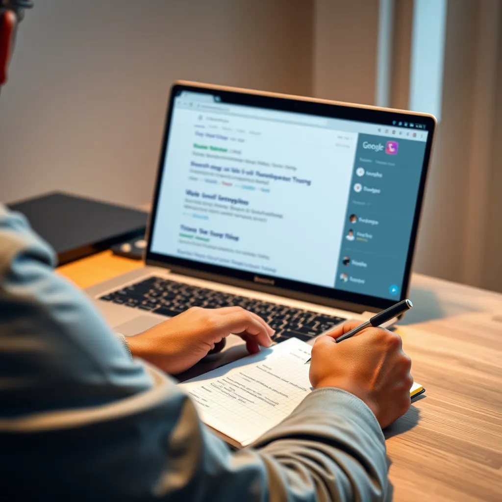 A person sitting at a desk with a laptop open, looking at a screen showing a search engine results page (SERP) with the website listed at the top. The person has a notepad and pen in hand and is making notes on the SEO strategies.