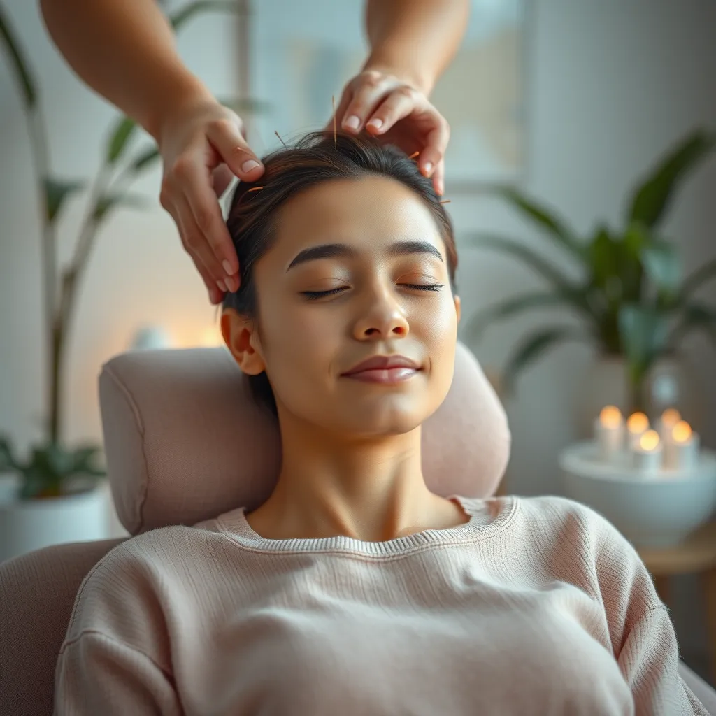 A person sitting comfortably in a serene room, receiving acupuncture treatment on their ears. The person has a relaxed expression, and the room is filled with calming colors and soft lighting. There are plants and calming decor in the background. The focus is on the person's face, conveying peace and tranquility.
