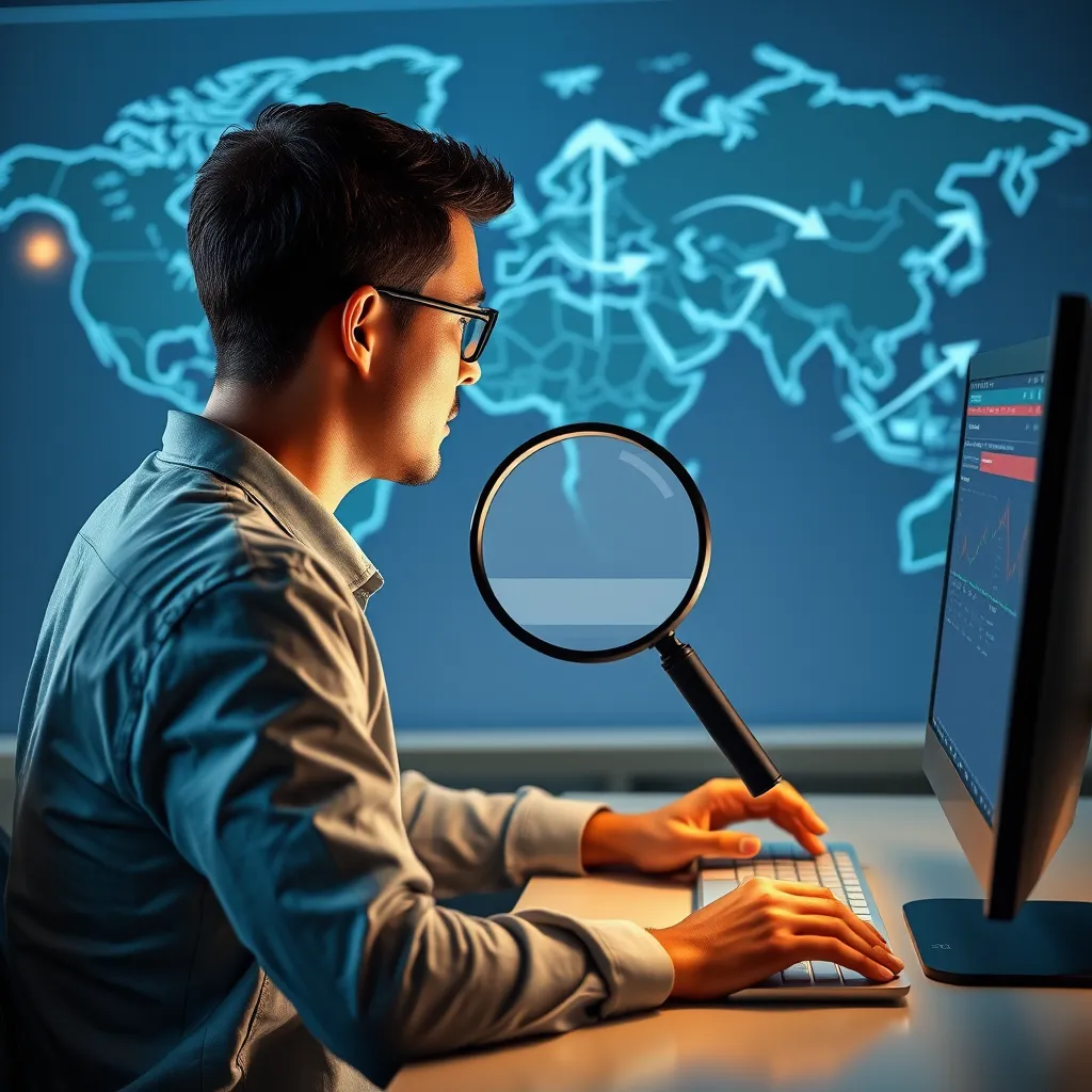 A person sitting in front of a computer, browsing a website, with a magnifying glass highlighting a specific piece of content. In the background, a map of the world shows arrows pointing towards the website, representing traffic from different locations.
