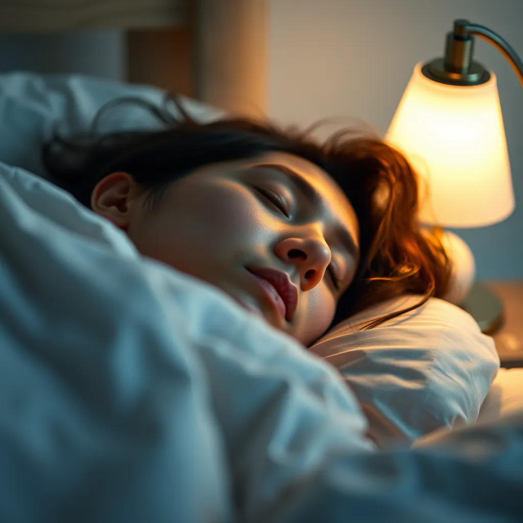 A person sleeping soundly in bed, with a soft glow of light coming from a nightstand lamp. The person is relaxed and peaceful, with their breathing steady and deep. In the background, there is a soft, calming color scheme and a cozy bedroom setting. The focus is on the person's face, showing a peaceful expression and a relaxed state of sleep.