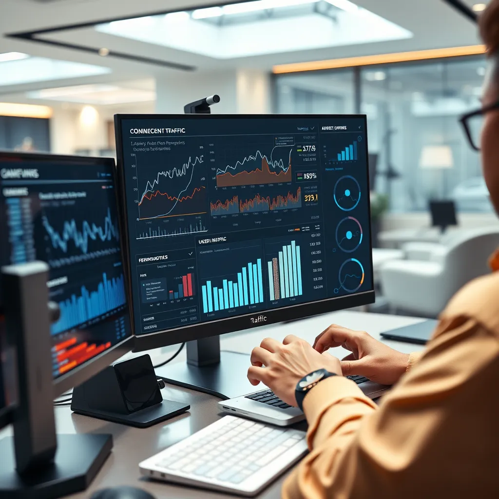 A person using a computer to analyze data on website traffic, keyword performance, and user behavior. The screen displays graphs, charts, and insights. The background could be a modern office with sleek furniture and futuristic technology.