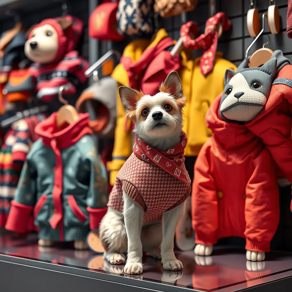 A pet store display showcasing a variety of pet apparel, including sweaters, jackets, raincoats, and bandanas, with colorful patterns and designs. Feature a dog or cat model wearing one of the outfits in a playful and stylish pose.