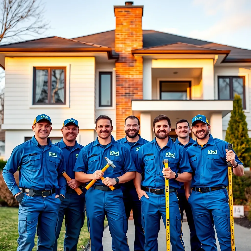 A photo of a group of Kiwi Exteriors workers in blue uniforms standing in front of a home. They are smiling and holding tools, including a hammer, a ladder, and a measuring tape.  The home is a modern, two-story house with a white exterior and a red brick chimney. 