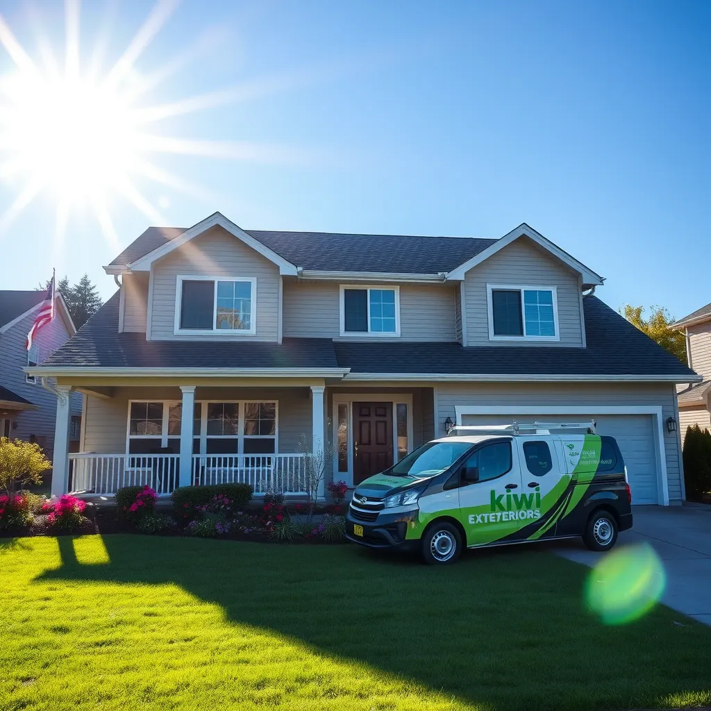 A photo of a home with a newly replaced roof, siding, and gutters. The home is a two-story suburban house with a green lawn and flower beds. The sun is shining brightly, and the sky is blue. There is a 'Kiwi Exteriors' truck parked in the driveway.