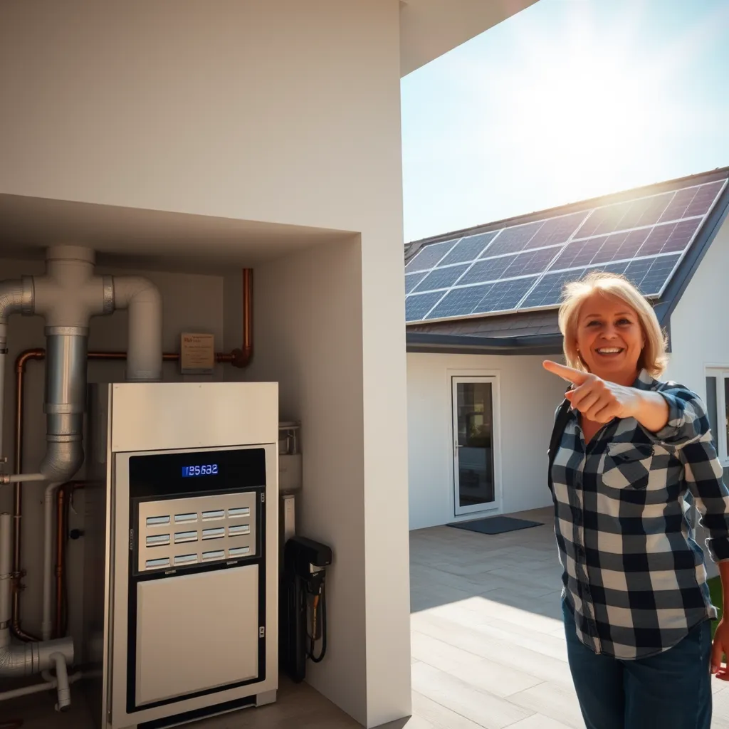 A photo of a modern home with a sleek, energy-efficient furnace in the basement. The furnace is running smoothly and quietly, with a digital display showing a low energy consumption reading. The ducts leading to the furnace are clean and dust-free.  Outside the home, a happy homeowner is proudly pointing to a solar panel on the roof, with a backdrop of clear, sunny skies. 