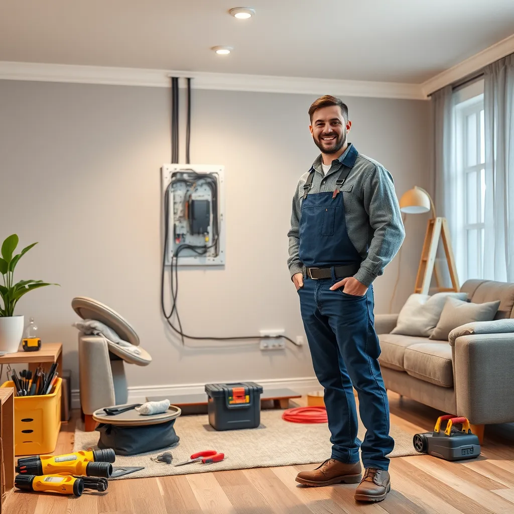 A photo of a smiling electrician standing next to a completed electrical project in a living room, with tools neatly organized nearby. The image should depict a clean work environment, a sense of accomplishment, and a satisfied customer.
