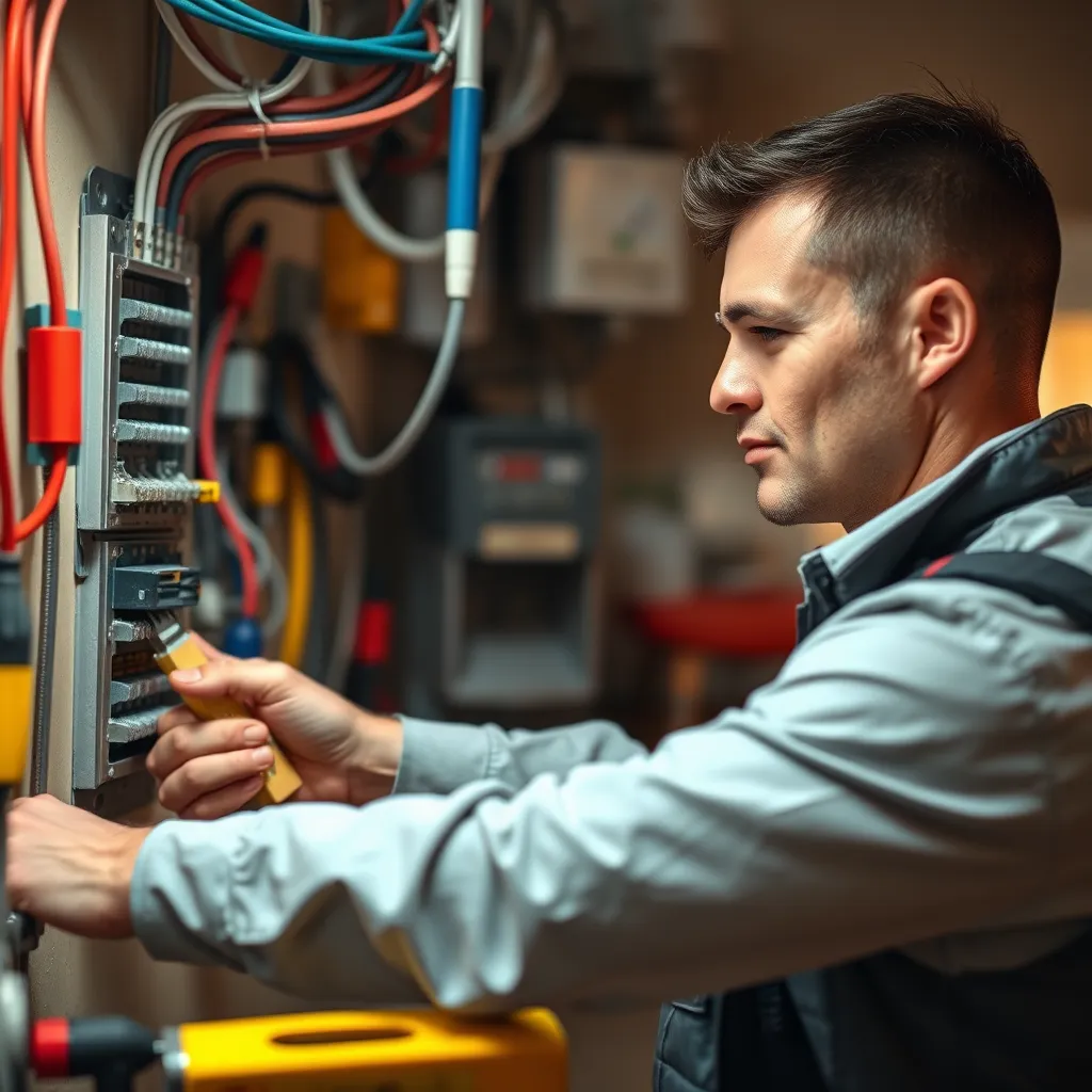 A photo of an electrician working on a home's electrical system, with tools and equipment neatly organized around them. The electrician should be focused and professional, working efficiently and accurately. The image should convey a sense of competence and dedication to delivering high-quality service.