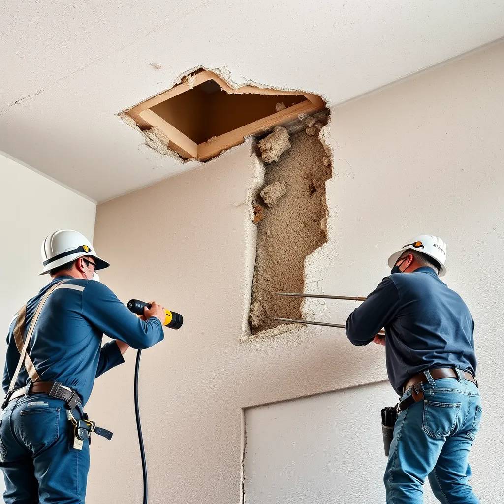 A photo showing a variety of drywall and stucco removal services being performed. The image should include workers removing drywall from a ceiling, using a jackhammer to break up a stucco wall, and carefully dismantling a large stucco section with specialized tools. The image should highlight the variety of services offered by experts in Kelowna.
