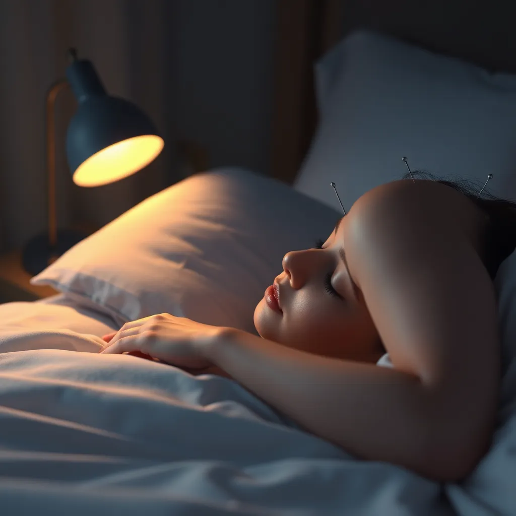 A photorealistic illustration depicting a peaceful bedroom scene. A person lies comfortably in bed, their head resting on a soft pillow. They appear relaxed and at ease, their breathing slow and deep.  Acupuncture needles, barely visible, are inserted into specific points on their ears and wrists, their subtle presence adding to the sense of tranquility. The room is dimly lit with warm, inviting light filtering in from a bedside lamp. Capture the soft glow of the lamplight on the bed sheets and the delicate features of the sleeping person's face. Render the image with a soft focus and a calming color palette, emphasizing the serene ambiance of the bedroom. The scene should evoke a sense of calm and restful sleep, promoting a feeling of well-being and tranquility. 