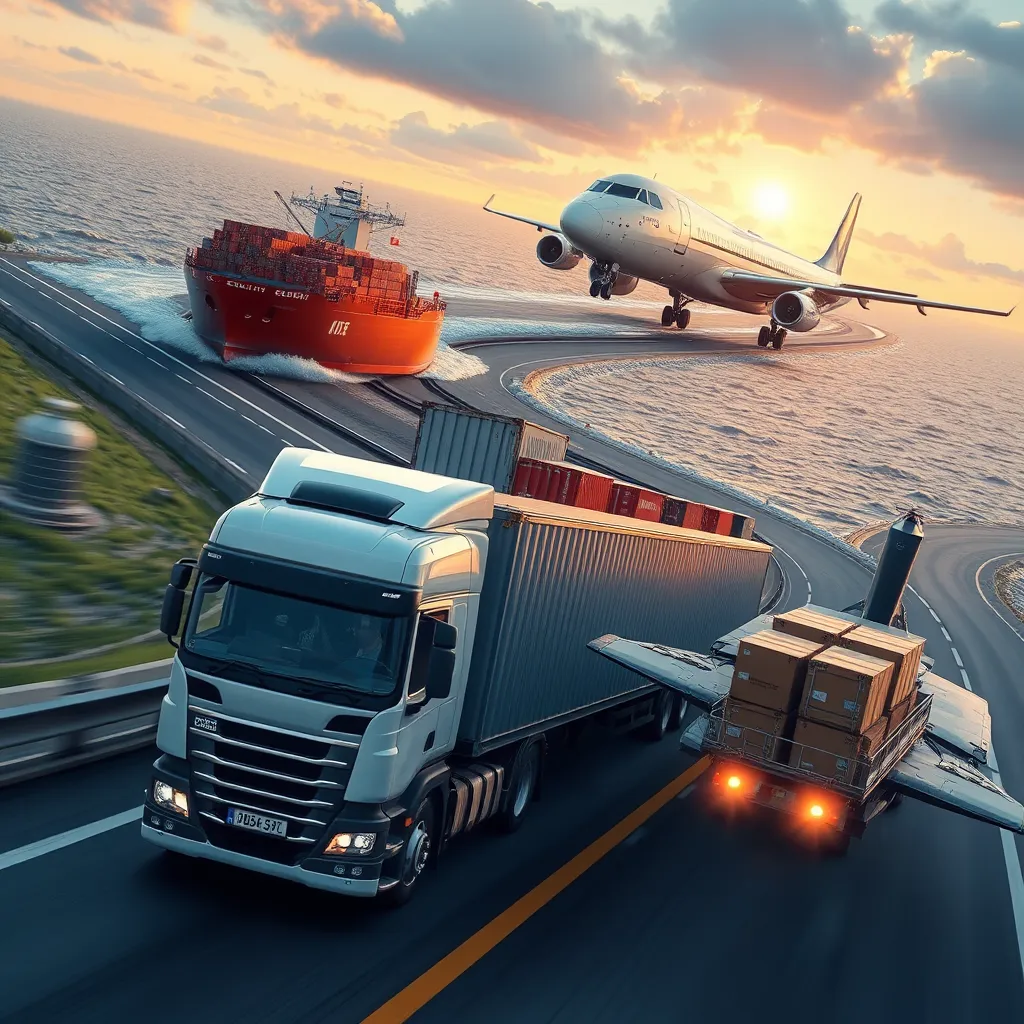 A photorealistic illustration of different modes of general freight transportation, showcasing a truck driving on a highway, a train hauling cargo containers, a ship sailing across the ocean, and an airplane carrying cargo boxes. The image should depict the efficient movement of goods across various mediums.