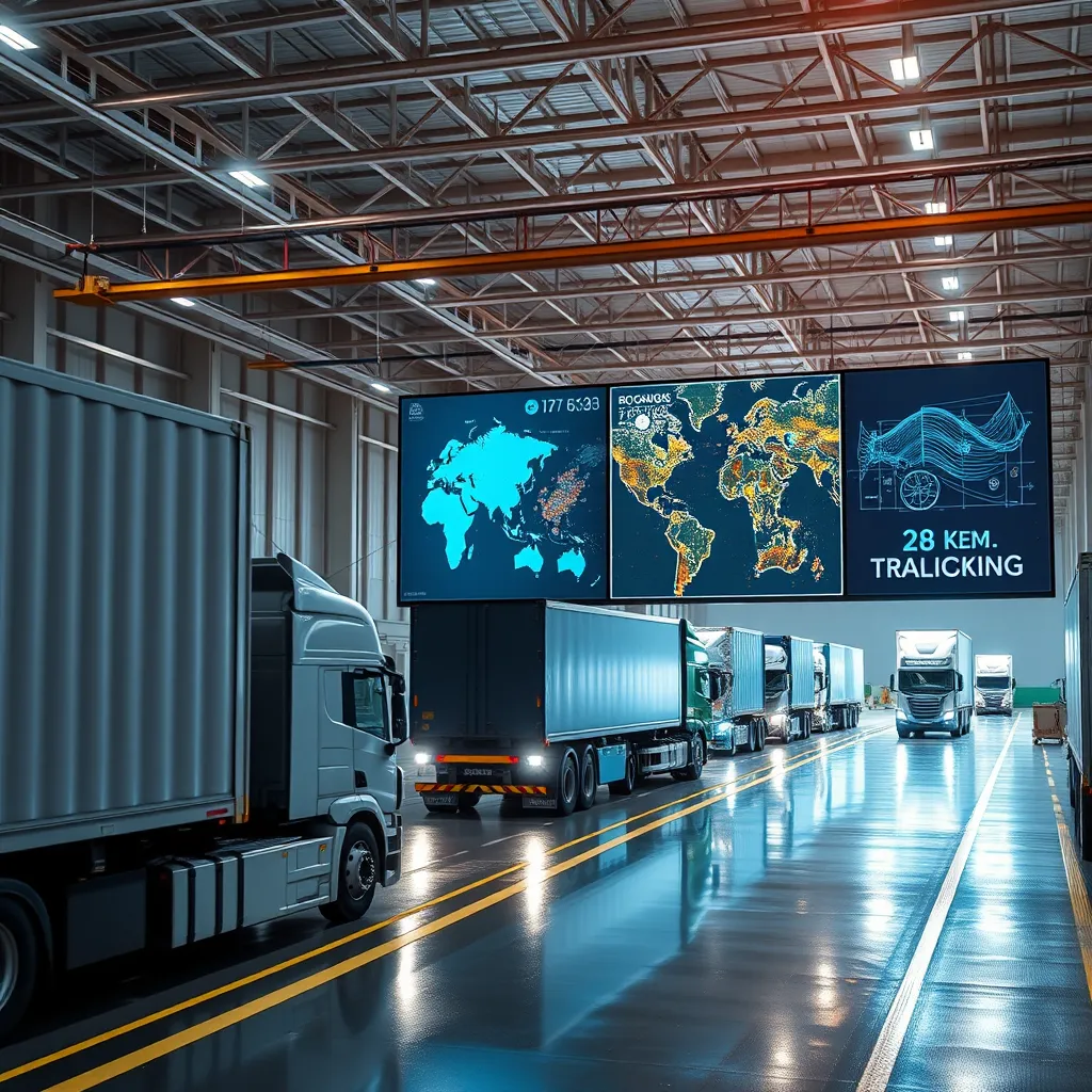 A photorealistic image depicting a modern logistics center with trucks loading and unloading cargo, with a large screen displaying real-time tracking data and maps. The image should convey efficiency and organization.