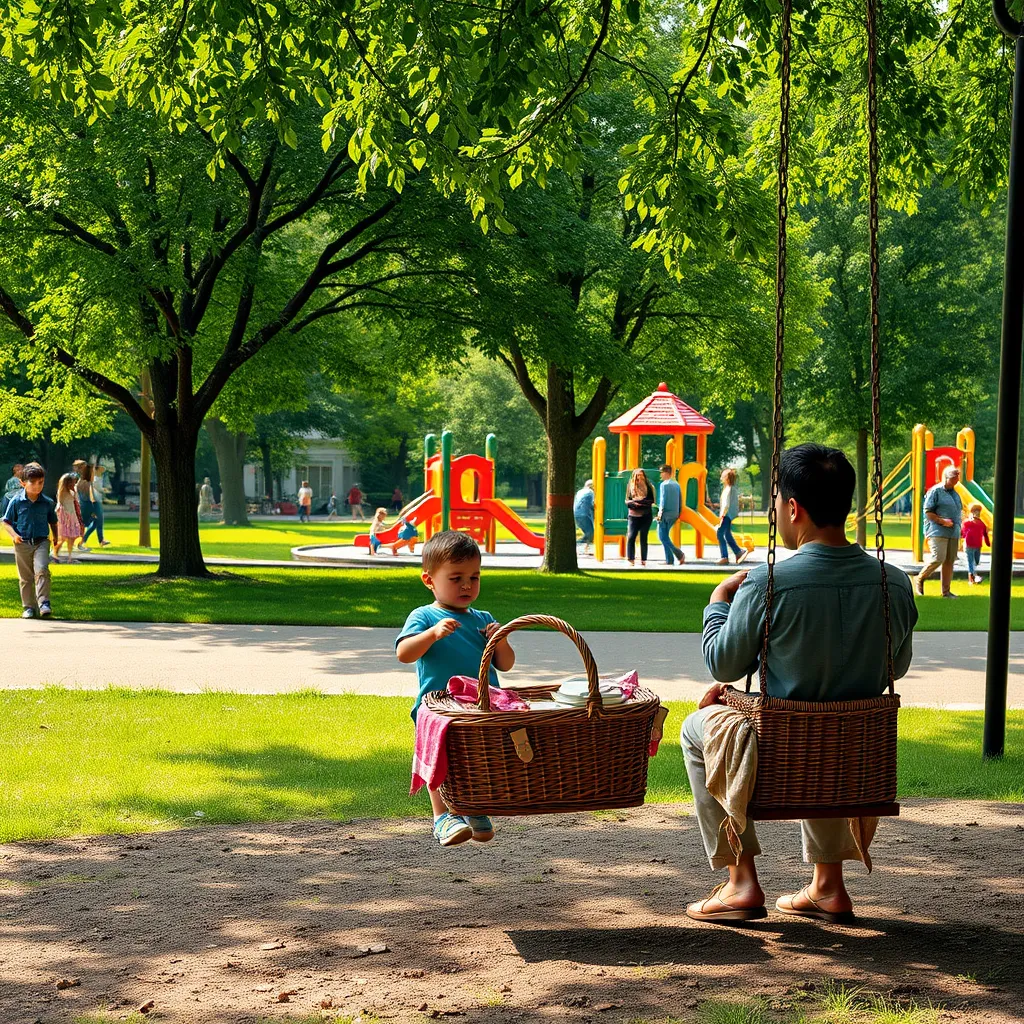 A photorealistic image depicting a family enjoying a day out in an Edmonton park. The image should feature a family with children playing on swings, a picnic basket, and a backdrop of lush green trees and a beautiful playground. There should be other families in the background, enjoying the outdoors and creating a sense of community.