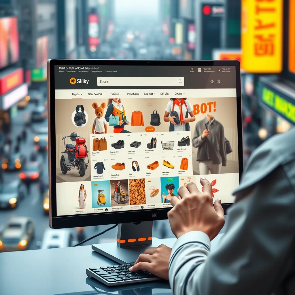 A photorealistic image of a bustling online store with a user browsing products. The scene takes place on a modern desktop computer, with a sleek design and a large, vibrant display. The website showcases a diverse range of products, displayed in an organized and appealing layout. The user is interacting with the website, adding items to their cart, with a smooth and intuitive user experience. The background features a busy cityscape, suggesting the global reach of online commerce. The image is rendered in high-resolution, emphasizing the detail of the website interface, product imagery, and the user's interaction.