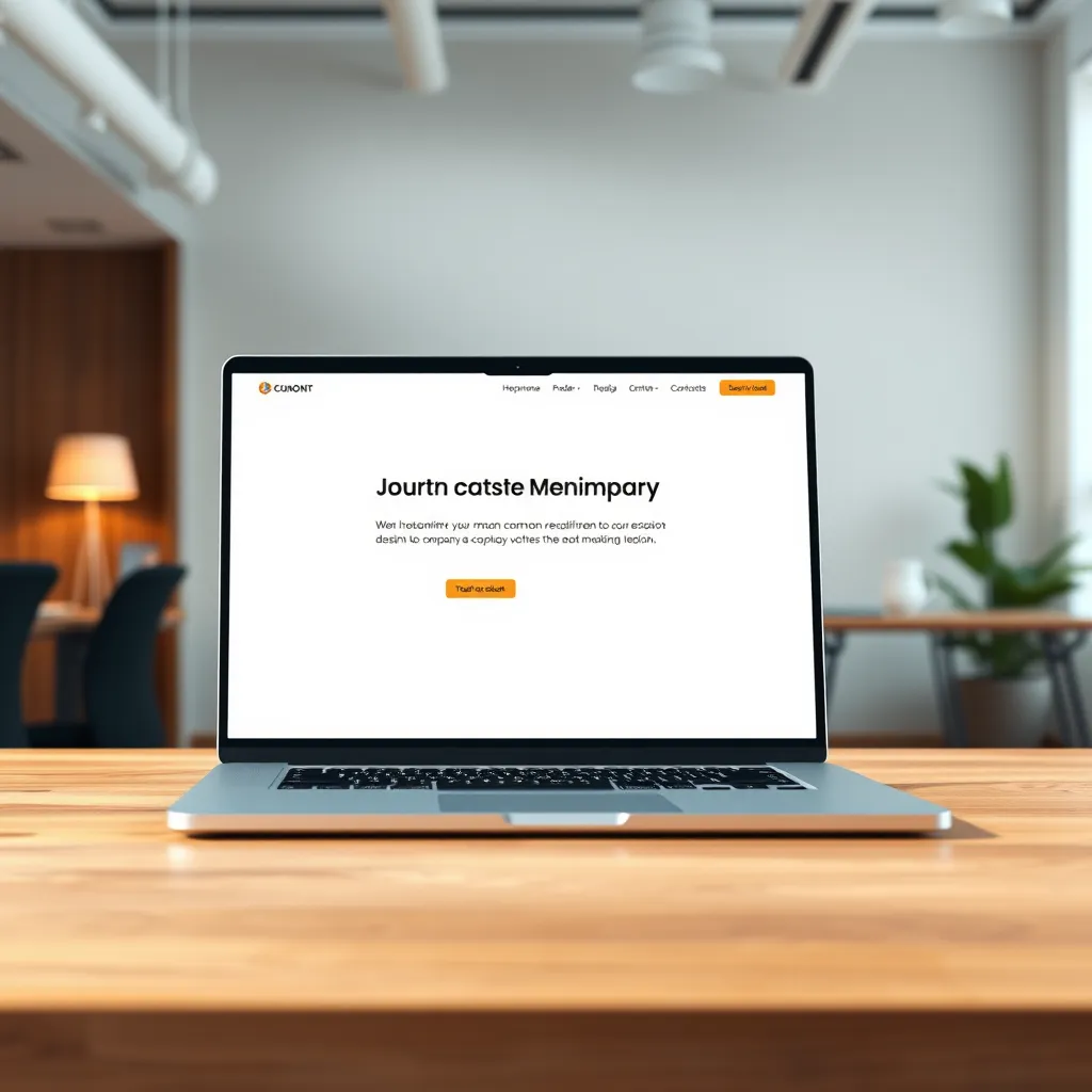 A photorealistic image of a clean and modern website design, showcasing a company's logo, brief company description, contact information, and a call to action button. The website should be displayed on a high-resolution laptop screen, resting on a wooden desk in a well-lit office environment. The lighting should be soft and diffused, creating a professional and inviting atmosphere. The color palette should be minimalist and sophisticated, using white, gray, and a vibrant accent color for the call to action button. The overall mood should be professional, inviting, and trustworthy. Render the image in ultra-high resolution with detailed textures and materials, capturing the sleekness of the website design and the natural warmth of the office setting. Render the scene in a style inspired by high-end technology and design publications.