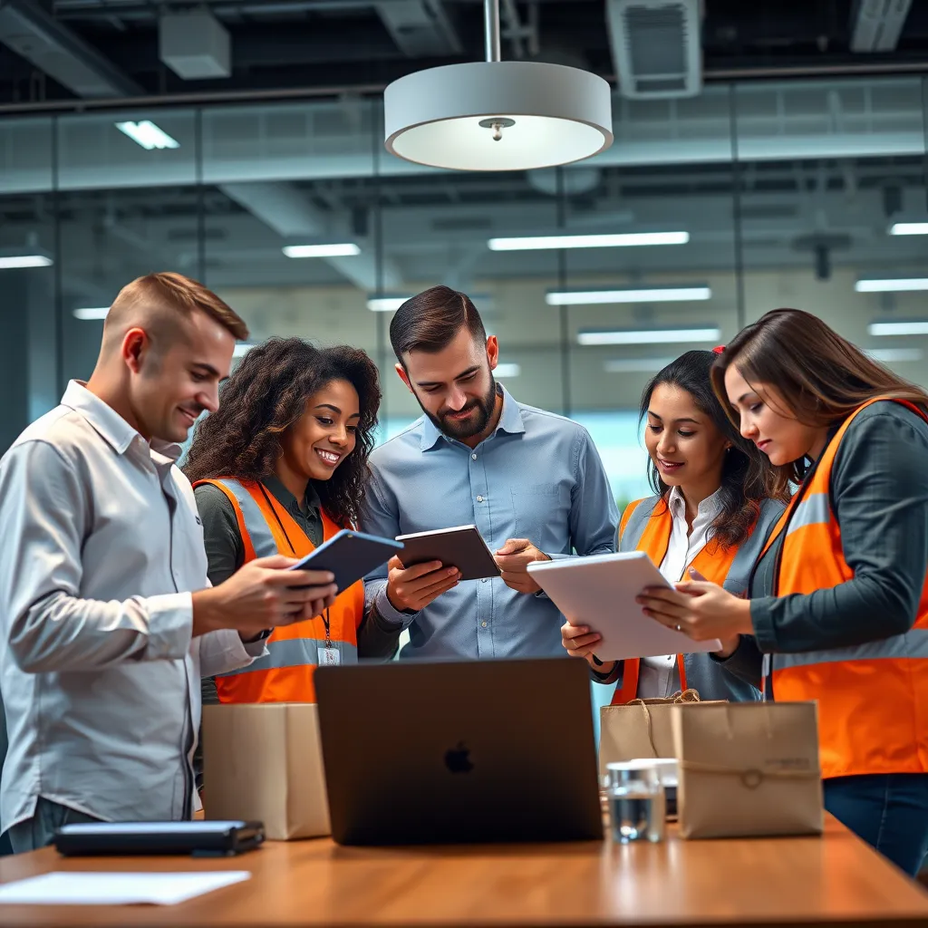 A photorealistic image of a diverse team of logistics professionals collaborating in a modern office setting. They are using laptops and tablets to track shipments and communicate with drivers, emphasizing teamwork and expertise.