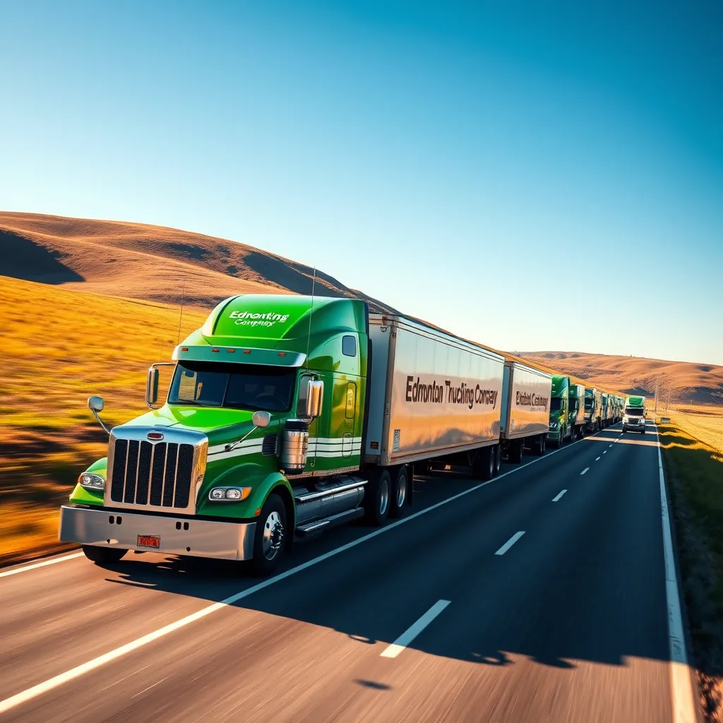 A photorealistic image of a fleet of Edmonton Trucking Company semi-trailer trucks, driving on a highway in a rural setting, surrounded by rolling hills and fields. The sun is shining brightly, casting long shadows on the road. The trucks are painted in a distinctive green and white livery, with the 'Edmonton Trucking Company' logo prominently displayed. The image should focus on the movement and efficiency of the trucks, conveying the smooth flow of goods within the region. The lighting should be bright and vibrant, highlighting the colors of the trucks and the surrounding landscape. The image should convey a sense of speed and efficiency, reflecting the reliability and responsiveness of Edmonton Trucking Company's regional distribution services. The camera angle should be high and wide, showcasing the entire fleet of trucks. The image should be rendered in 8K resolution with hyperrealistic detail, showcasing the intricate textures of the trucks, the surrounding environment, and the overall dynamism of the scene. The image should evoke a sense of professionalism and reliability, representing Edmonton Trucking Company's commitment to providing efficient and dependable regional distribution services.