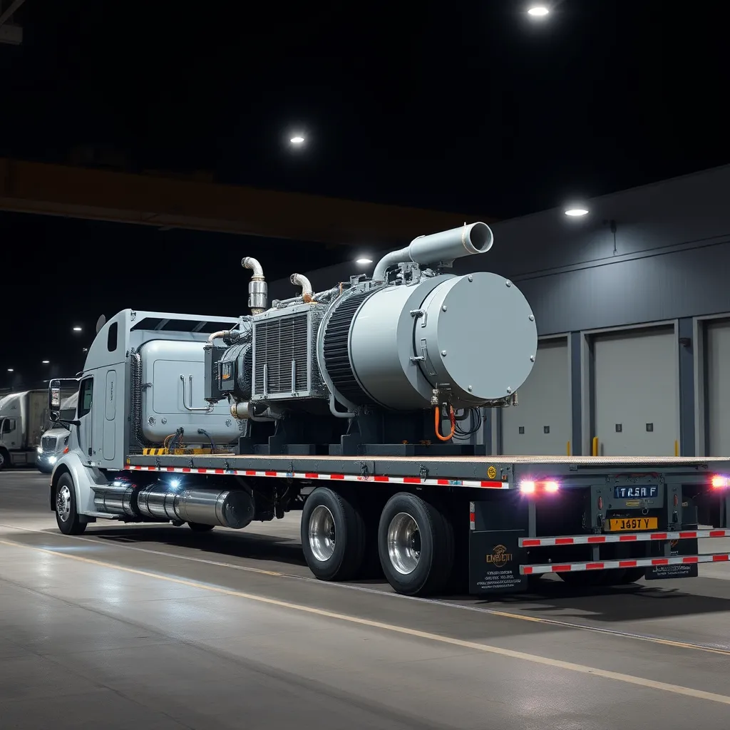 A photorealistic image of a flatbed semi-trailer truck, loaded with a large, custom-built piece of industrial equipment, possibly a transformer or a generator. The truck is parked on a well-lit loading dock, surrounded by other trucks and industrial facilities. The lighting should be soft and diffused, highlighting the details of the cargo and the truck. The image should showcase the meticulous care and expertise of Edmonton Trucking Company in handling specialized cargo. The color palette should be neutral and professional, featuring shades of grey, black, and white. The image should focus on the details of the cargo and the securement system, conveying the safety and reliability of Edmonton Trucking Company's specialized cargo handling services. The camera angle should be close-up, emphasizing the size and complexity of the cargo. The image should be rendered in ultra-high resolution with realistic textures, showcasing the intricate details of the cargo and the truck. The image should convey a sense of professionalism, precision, and reliability, reflecting the expertise of Edmonton Trucking Company in handling specialized cargo.