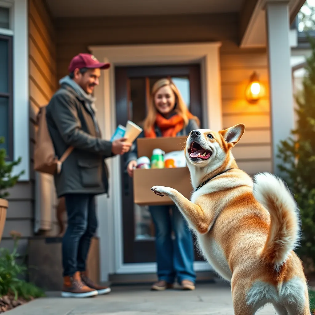 A photorealistic image of a happy dog wagging its tail excitedly as a delivery person hands a box filled with pet supplies to a smiling owner at their doorstep. The background features a cozy suburban home with a lush green lawn.