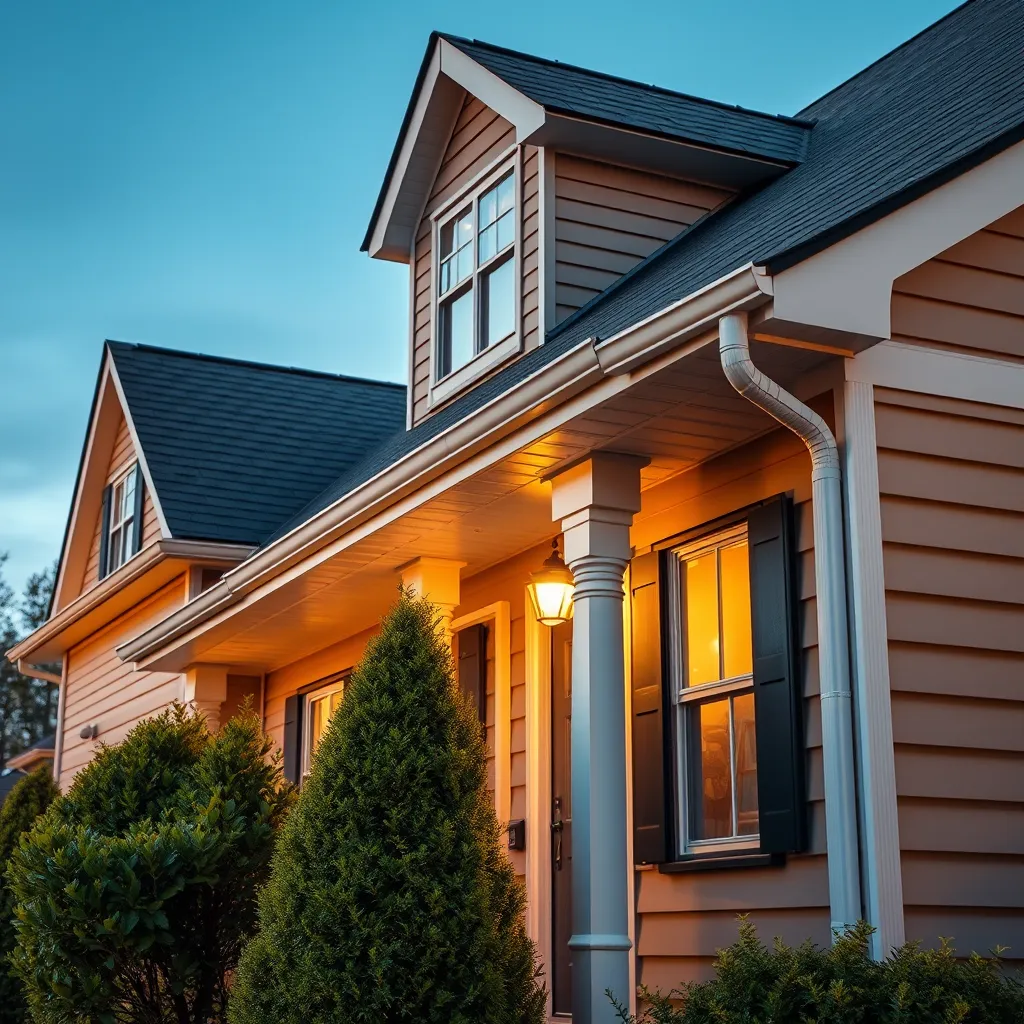 A photorealistic image of a house with a newly repaired roof, siding, and gutters, showcasing the high-quality materials and workmanship. The image should be focused on the restored and protected exterior of the house, conveying the company's commitment to durable and long-lasting repairs.