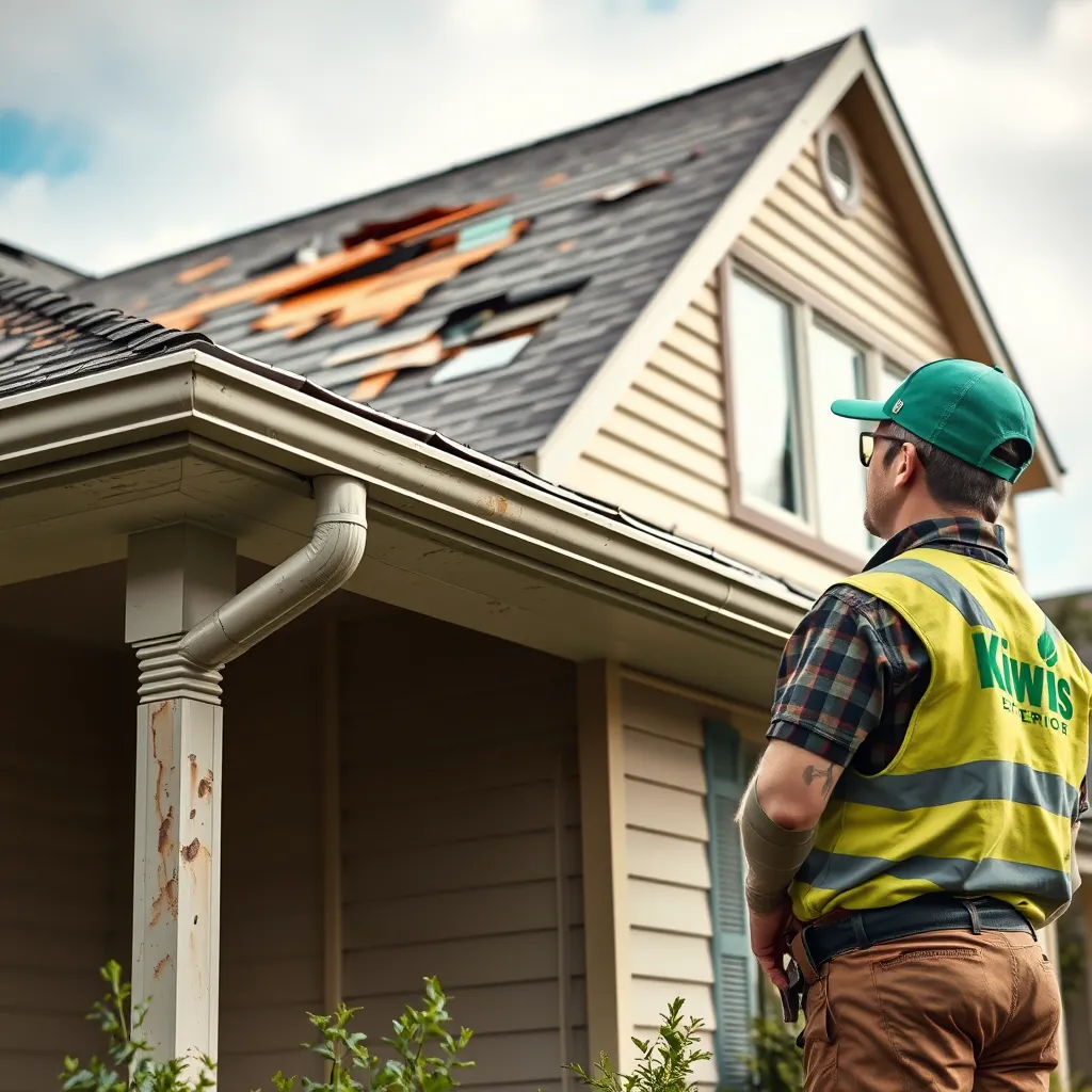 A photorealistic image of a house with a damaged roof, siding, and gutters, with a Kiwi Exteriors worker inspecting the damage. The image should be focused on the damage and the worker's professional demeanor, conveying the company's expertise in hail damage repair.