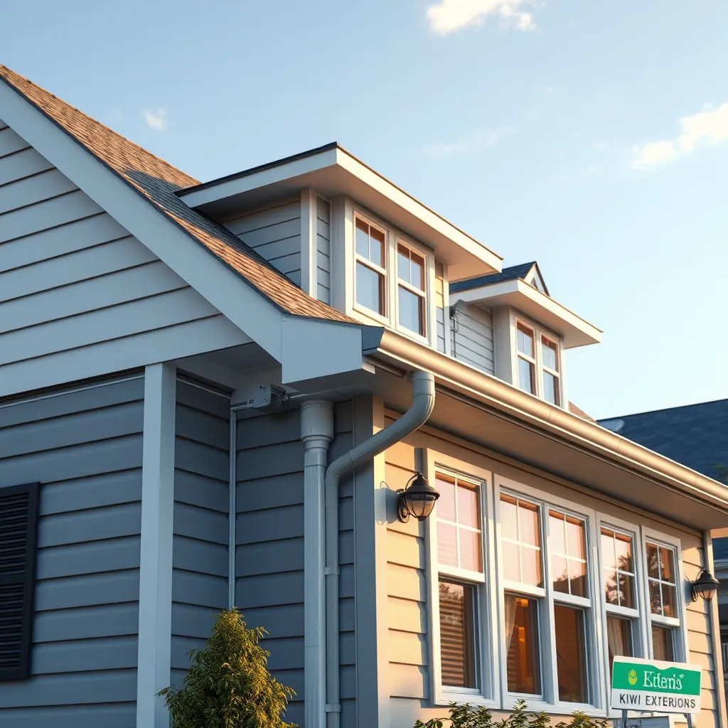 A photorealistic image of a home with a freshly repaired roof, siding, and gutters. The image should showcase the beautiful, pristine condition of the home's exterior, highlighting the quality workmanship of Kiwi Exteriors. The image should evoke a sense of satisfaction and pride.