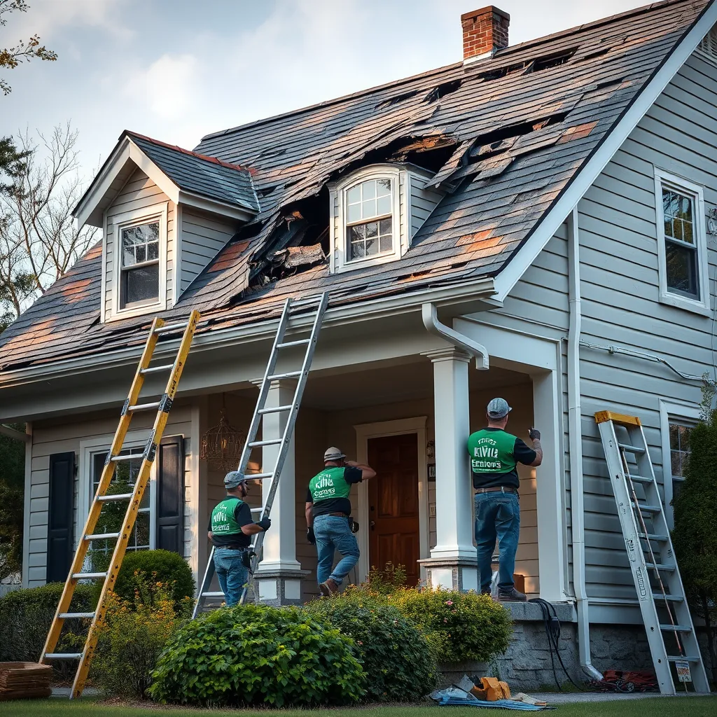 A photorealistic image of a home with a damaged roof, siding, and gutters. A Kiwi Exteriors crew is working on the repairs, with ladders, tools, and materials visible. The image should convey a sense of professionalism and expertise.