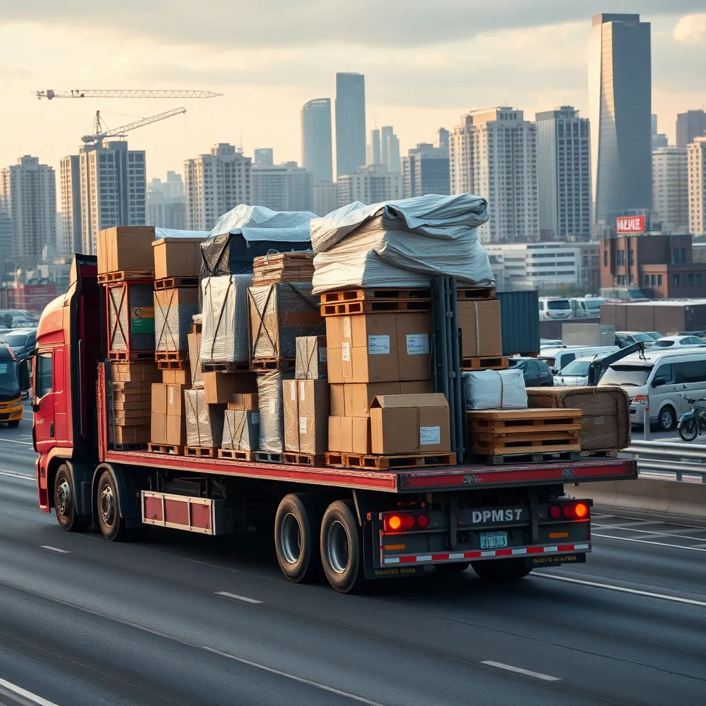 A photorealistic image of a large semi-trailer truck loaded with a diverse range of cargo, including pallets of boxes, construction materials, and industrial equipment, against a backdrop of a bustling cityscape.