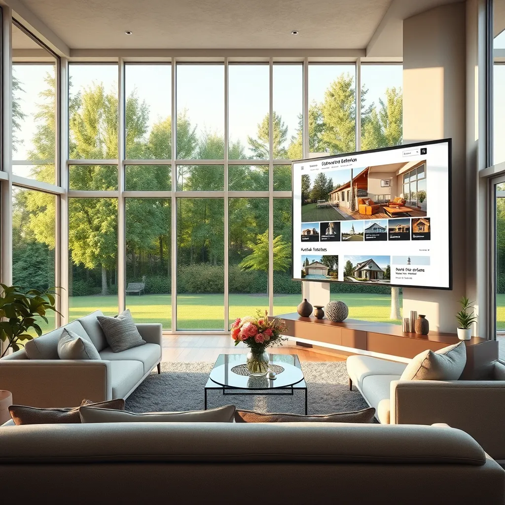 A photorealistic image of a modern, spacious living room with large windows overlooking a lush green backyard. The room is bathed in soft, natural light streaming through the windows. There's a comfortable sofa and a coffee table with a vase of fresh flowers. On the wall is a large flat-screen TV displaying a real estate website with listings of homes in Edmonton. The image should be captured from a low angle, emphasizing the spaciousness of the room and the inviting atmosphere. The colors should be warm and inviting, with a focus on natural tones like greens, browns, and creams. The image should be in an 8K resolution, with hyperrealistic details and a cinematic quality.