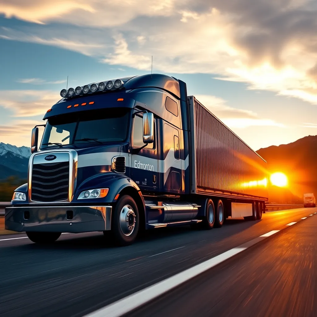 A photorealistic image of a modern semi-trailer truck, painted in a bold blue and white livery with 'Edmonton Trucking Company' prominently displayed. The truck is driving on a highway, with a mountain range in the background. The sun is setting, casting a warm glow over the scene. The truck is loaded with various cargo containers, representing a diverse range of goods. The image should have a sense of movement and dynamic composition, with the truck in the foreground and the mountains in the distance. The lighting should be warm and inviting, conveying a sense of adventure and reliability. The image should be rendered in 8K resolution with hyperrealistic detail, showcasing the intricate textures of the truck, the cargo containers, and the surrounding environment. The color palette should be vibrant and evocative, featuring shades of blue, white, orange, and green. The camera angle should be low and dynamic, highlighting the power and scale of the truck. The image should evoke a sense of trust and professionalism, reflecting the high quality and efficiency of Edmonton Trucking Company's cross-border shipping services.
