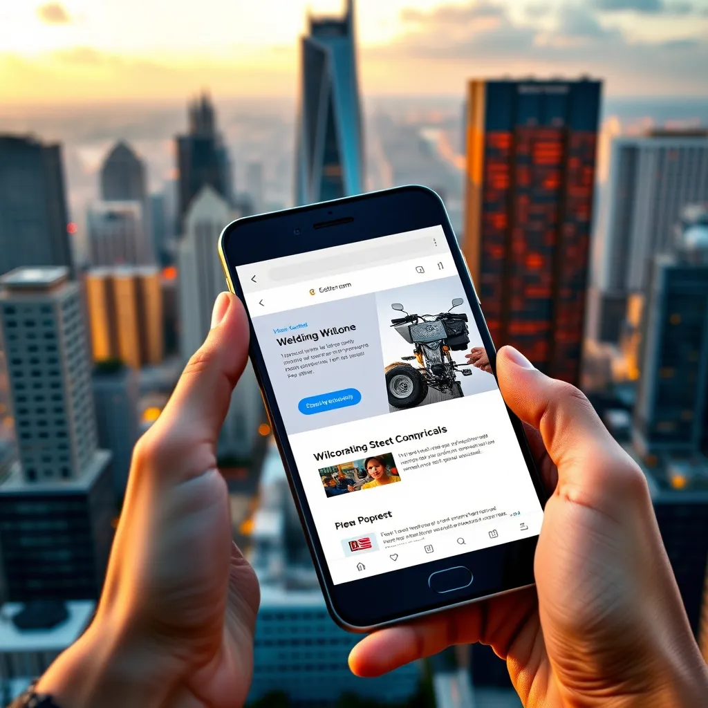 A photorealistic image of a person holding a smartphone with a website on the screen. In the background, a vibrant cityscape with modern buildings symbolizes growth and success. The image should convey the idea of affordability and opportunity.