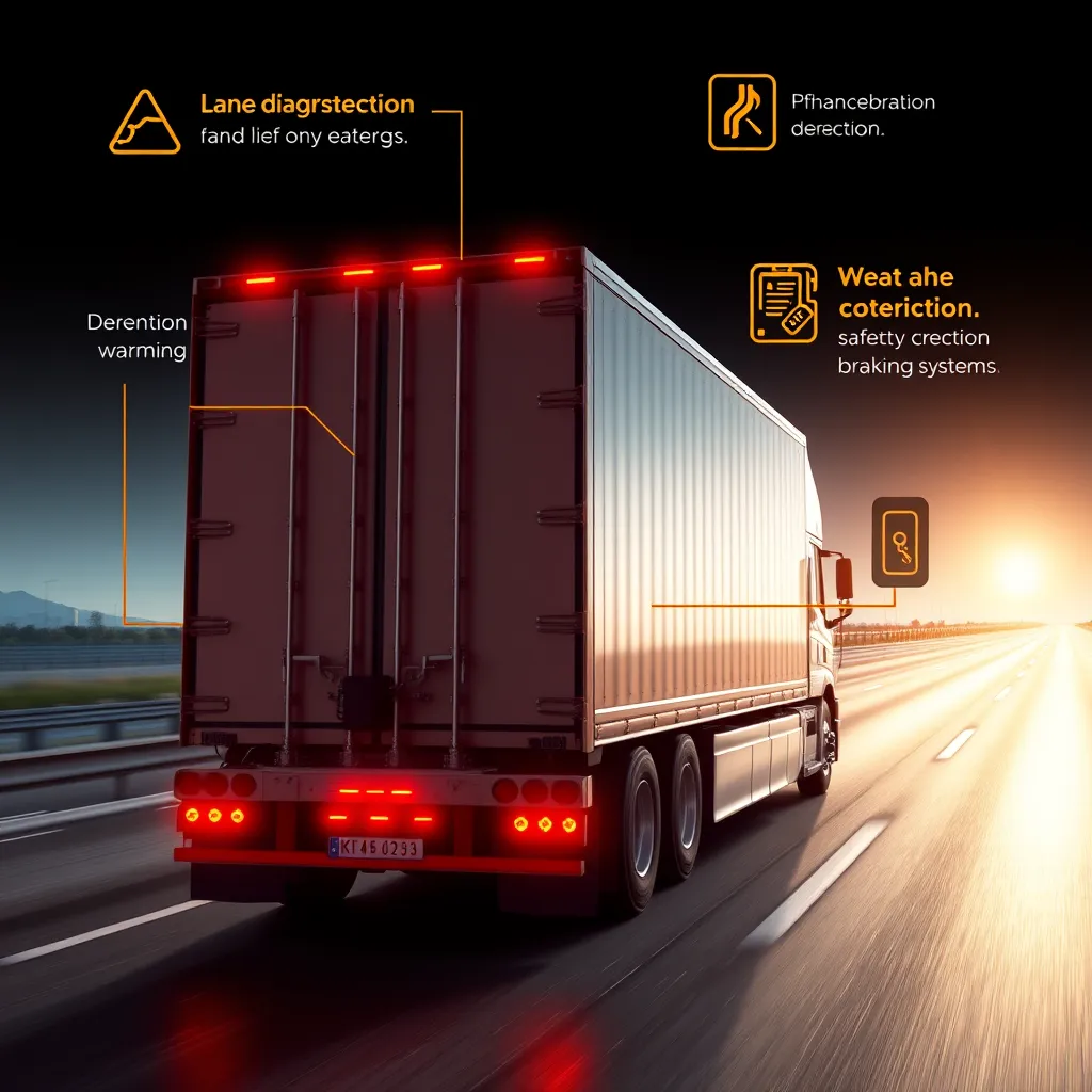 A photorealistic image of a semi-truck on a highway, showcasing modern safety features like lane departure warning, blind spot detection, and advanced braking systems. The truck is also secured with a locked trailer and a GPS tracking device, highlighting security measures.
