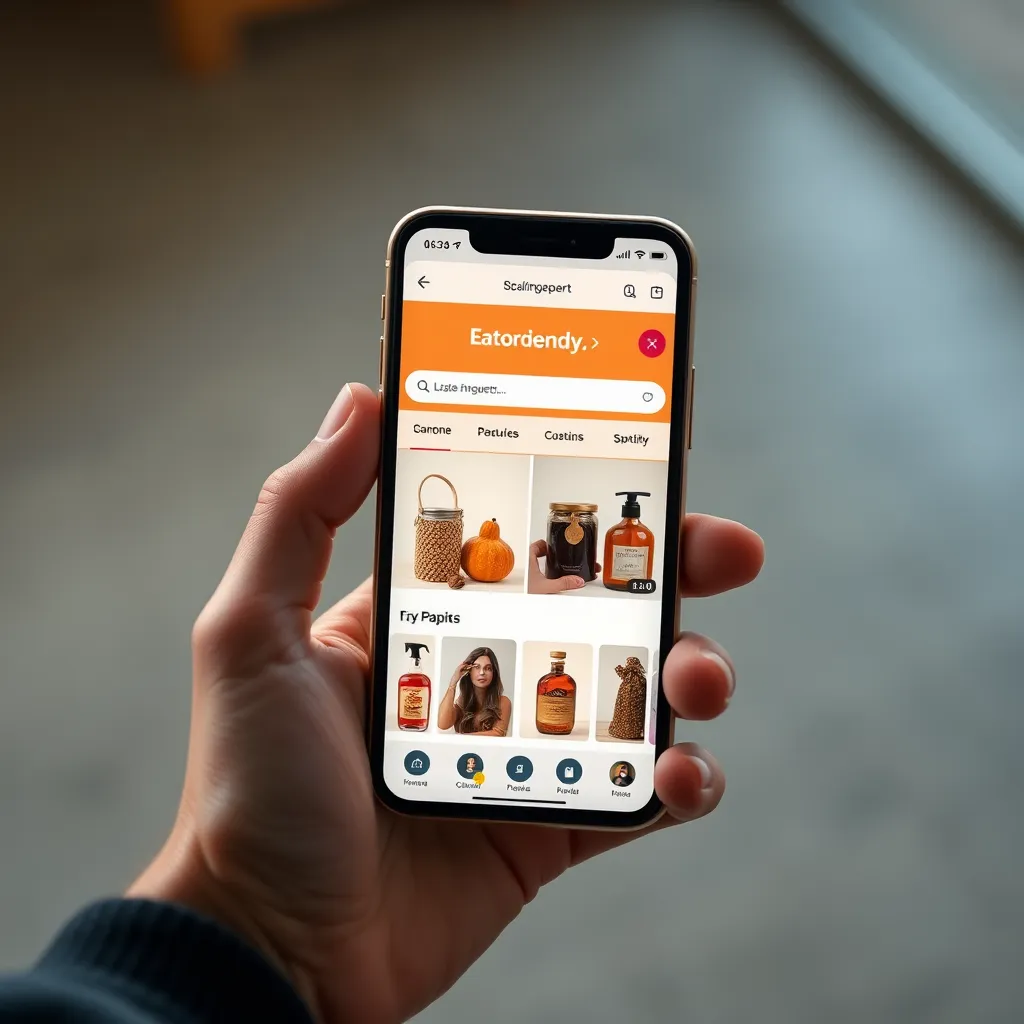 A photorealistic image of a sleek and user-friendly online store, showcasing a curated selection of products. The website should be displayed on a smartphone screen, held by a person's hand in a natural and inviting manner. The lighting should be soft and diffused, highlighting the vibrant colors and textures of the products. The color palette should be warm and inviting, using earthy tones and subtle highlights. The overall mood should be friendly, inviting, and focused on the shopping experience. Render the image in ultra-high resolution with detailed textures and materials, showcasing the intricate details of the products and the sleekness of the website design. Render the scene in a style inspired by high-quality online shopping platforms and e-commerce photography.