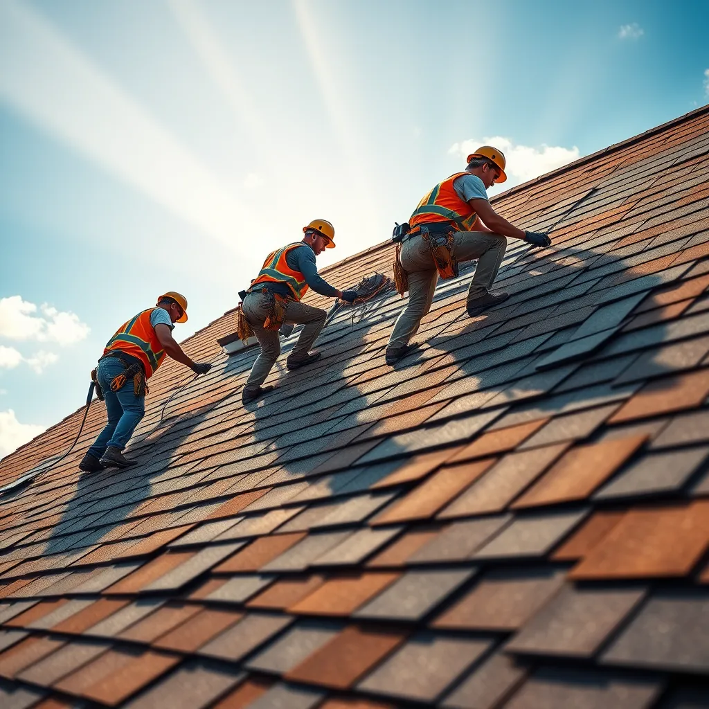 A photorealistic image of a team of skilled roofers replacing a damaged roof with new, high-quality asphalt shingles.  The image should be taken from a low angle, showcasing the intricate details of the roofing process. The roofers should be wearing safety gear and working meticulously, with a clear sky and sunbeams illuminating the scene. The color palette should be warm and inviting, featuring shades of brown, gray, and blue.  The image should be composed in a style reminiscent of a classic construction photograph, with sharp focus and vibrant colors. The composition should emphasize the craftsmanship and precision of the roofing process, showcasing the teamwork and dedication of the crew. The image should be ultra-detailed and rendered in 8K resolution, with realistic textures and lighting.