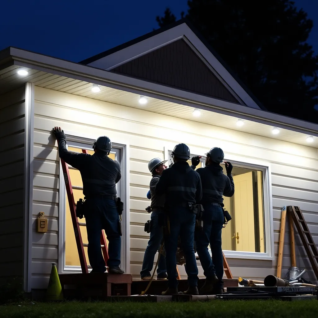 A photorealistic image of a team of Kiwi Exteriors workers working on a house, showcasing their expertise and professionalism. The image should depict a positive and collaborative work environment, highlighting the team's skill and dedication.