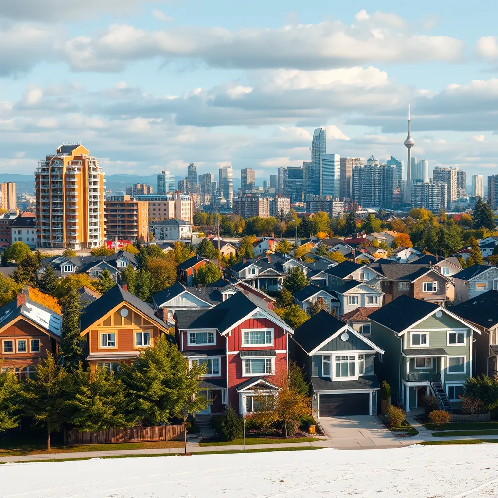 A photorealistic image showcasing a vibrant cityscape with diverse housing styles in the foreground, including modern condos, traditional houses, and townhouses. The image should capture the bustling energy of Edmonton and highlight the variety of housing options available.