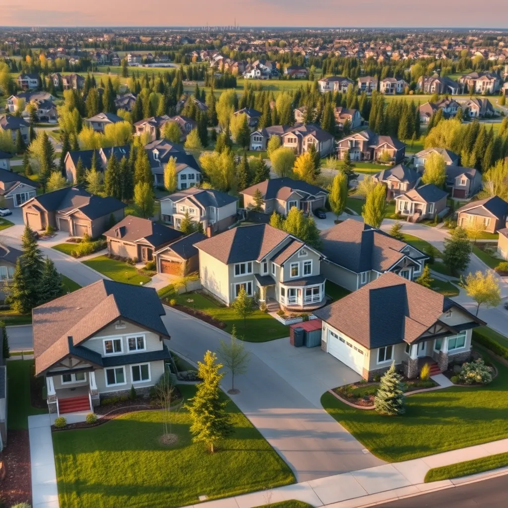 A photorealistic image showcasing a variety of homes for sale in Edmonton. The image should feature a mix of house styles, including detached houses, townhomes, and condos, all representing different price points and sizes. The image should be set against a backdrop of a beautiful Edmonton neighborhood with well-maintained lawns, trees, and sidewalks, creating a sense of community and affordability.