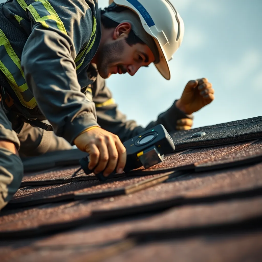 A photorealistic image showcasing a professional roofer meticulously inspecting a roof for any signs of damage or wear and tear. The image should be taken from a close-up perspective, highlighting the detail of the roofing materials and the roofer's tools. The roofer should be wearing safety gear and using a high-quality inspection tool.  The lighting should be soft and diffused, casting gentle shadows on the roof. The color palette should be earthy and neutral, emphasizing the natural beauty of the roofing materials. The image should be composed in a style reminiscent of a documentary photograph, with a focus on realism and authenticity. The composition should emphasize the importance of regular roof maintenance and the expertise of our roofing professionals. Rendered in 8K resolution, the image should feature realistic textures for the roofing materials, tools, and the roofer's clothing. The image should convey a sense of trust and expertise, ensuring customers feel confident in the quality of our services.